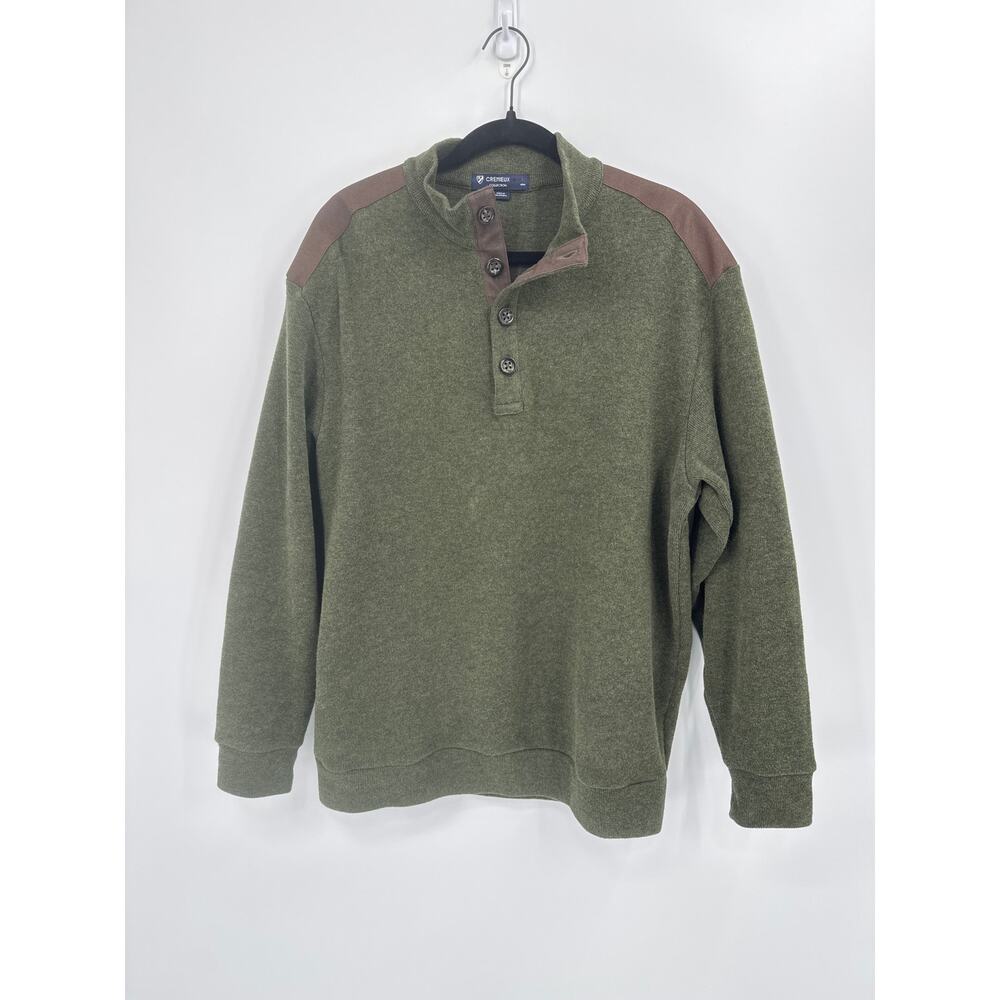 Cremieux Olive Green Cotton Mock Neck Sweater Brown Elbow Patch Men’s Large - Picture 4 of 8